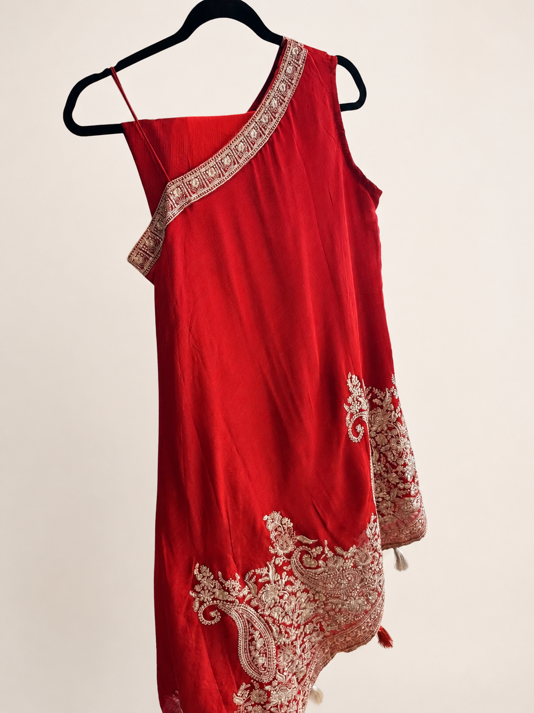 Asymmetrical Cut Burnt Orange with Gold Embroidery and Tassled Top