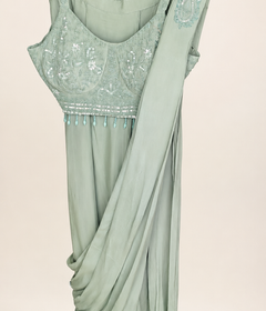 Light Green Sequence Hanging Beads Pre-Stiched  Saree soft material with choker dupatta