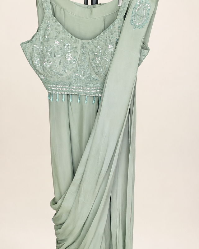 Light Green Sequence Hanging Beads Pre-Stiched  Saree soft material with choker dupatta