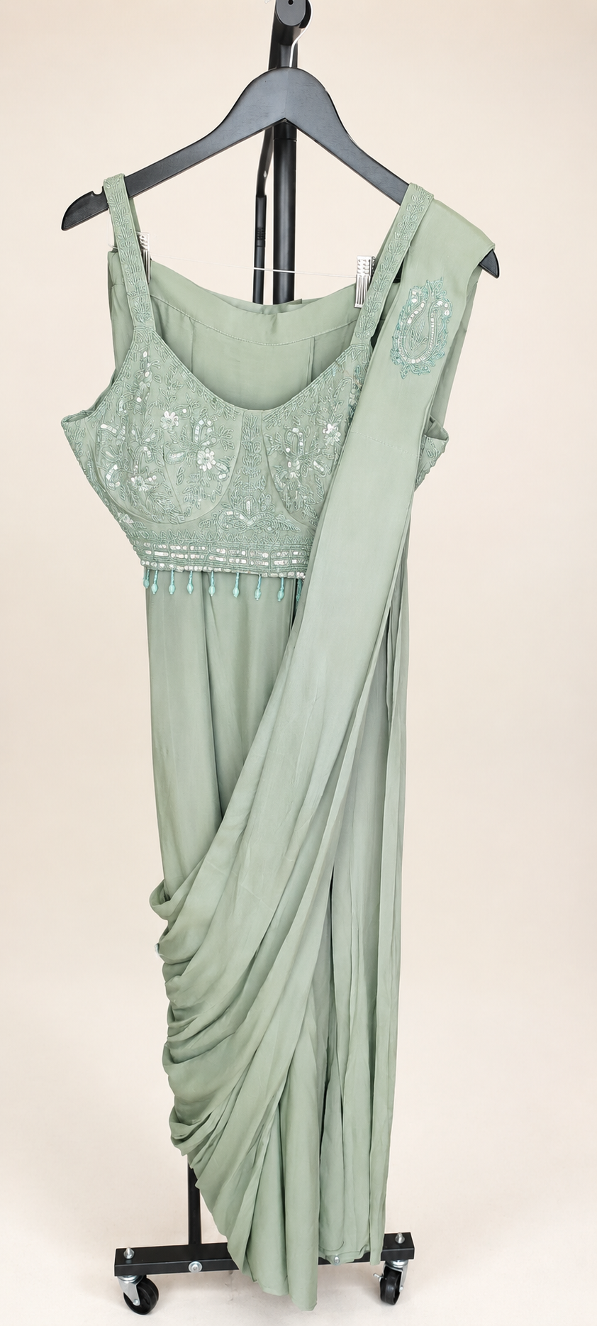 Light Green Sequence Hanging Beads Pre-Stiched  Saree soft material with choker dupatta