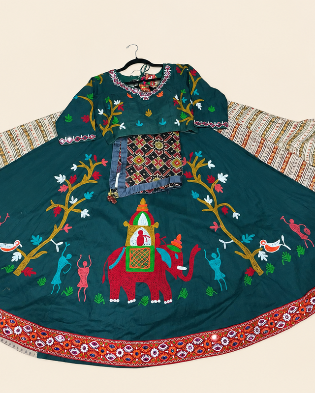 Green Garba Lehenga Set Folk Style