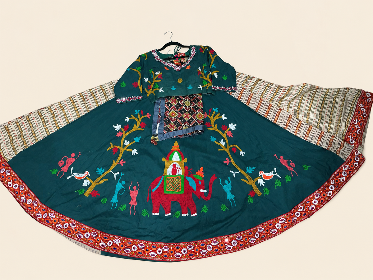 Green Garba Lehenga Set Folk Style
