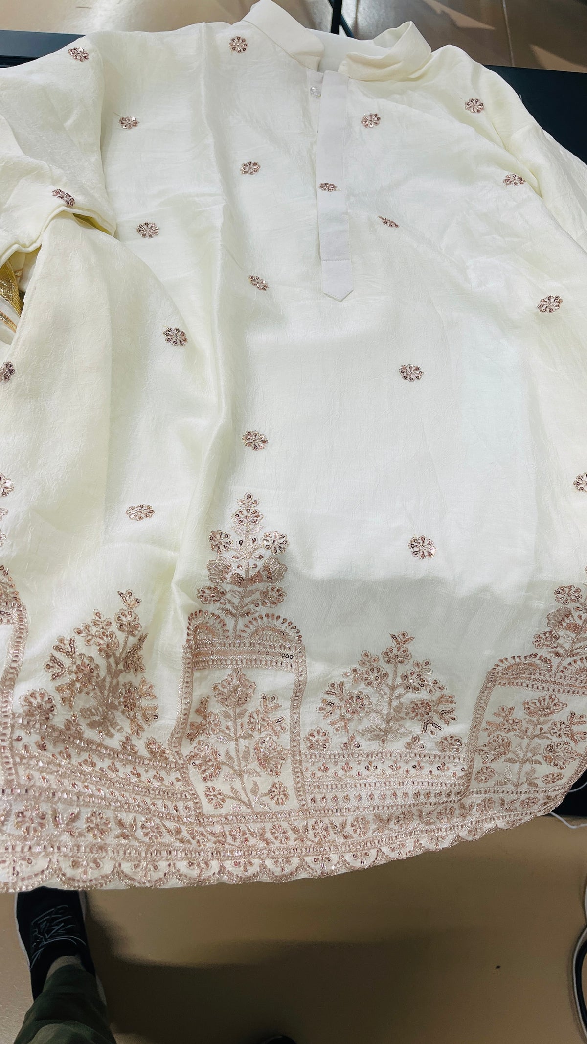 Premium Mandir Golden Embroidery Mens Kurta with Buttons
