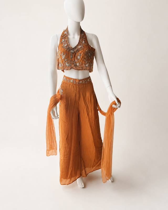 Burnt Orange Embroidered Halter Palazzo Set with Dupatta