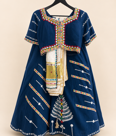 Ocean Blue Striped Garba Lehenga Set with White Dupatta