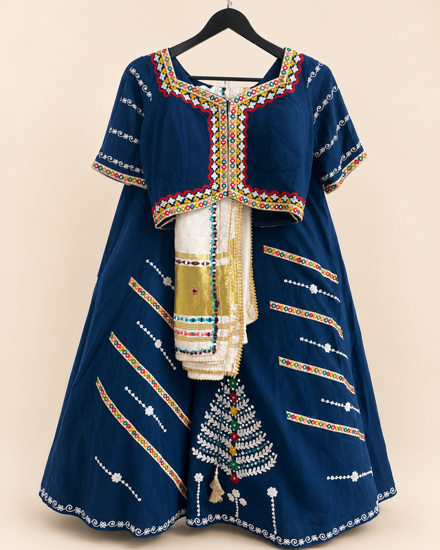 Ocean Blue Striped Garba Lehenga Set with White Dupatta