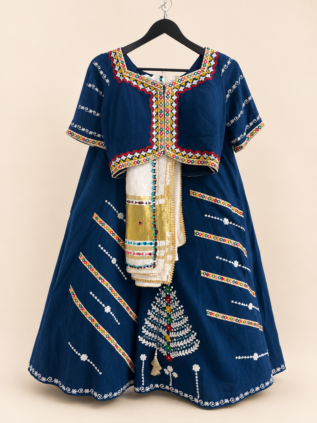 Ocean Blue Striped Garba Lehenga Set with White Dupatta