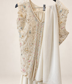 White embroidered baby blue and pink work and cut in middle palazzo set