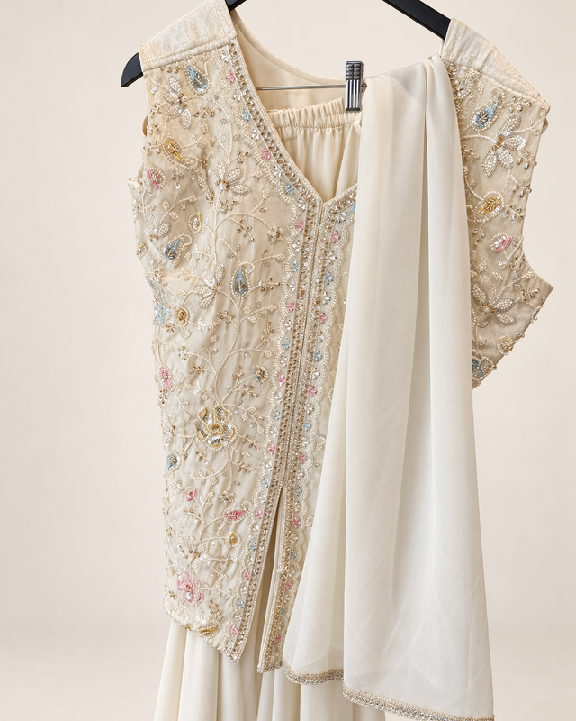 White embroidered baby blue and pink work and cut in middle palazzo set