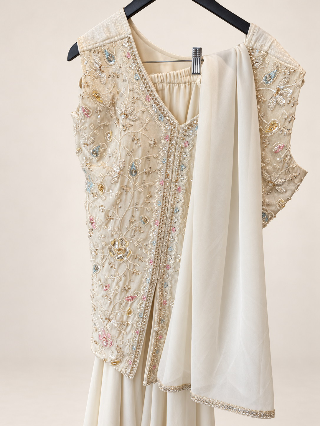 White embroidered baby blue and pink work and cut in middle palazzo set