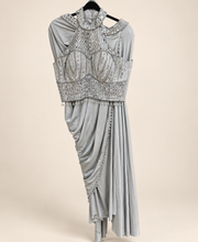 Halter Top Grey Sequence mirror work Pre-Stiched stitched Saree Soft and Stretchy Material