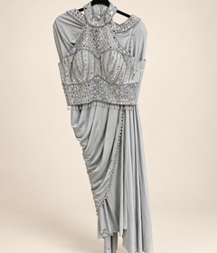Halter Top Grey Sequence mirror work Pre-Stiched stitched Saree Soft and Stretchy Material