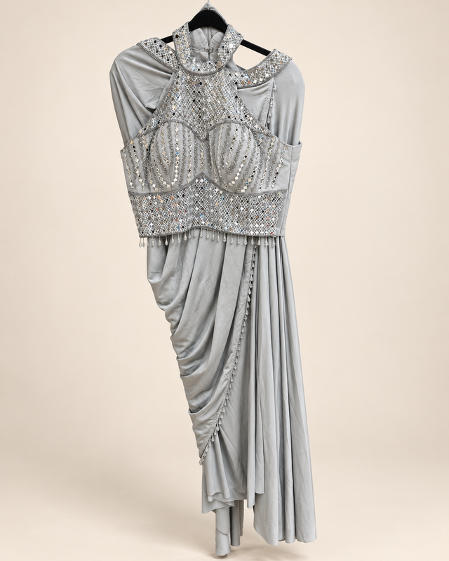 Halter Top Grey Sequence mirror work Pre-Stiched stitched Saree Soft and Stretchy Material