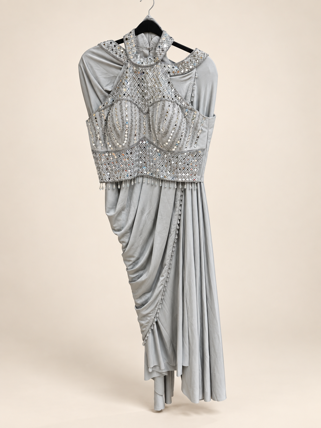 Halter Top Grey Sequence mirror work Pre-Stiched stitched Saree Soft and Stretchy Material