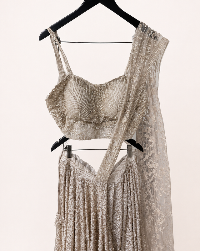 Heavy Rose Gold Champagne Delhi Designer Dress Pre-Stiched stitched sari
