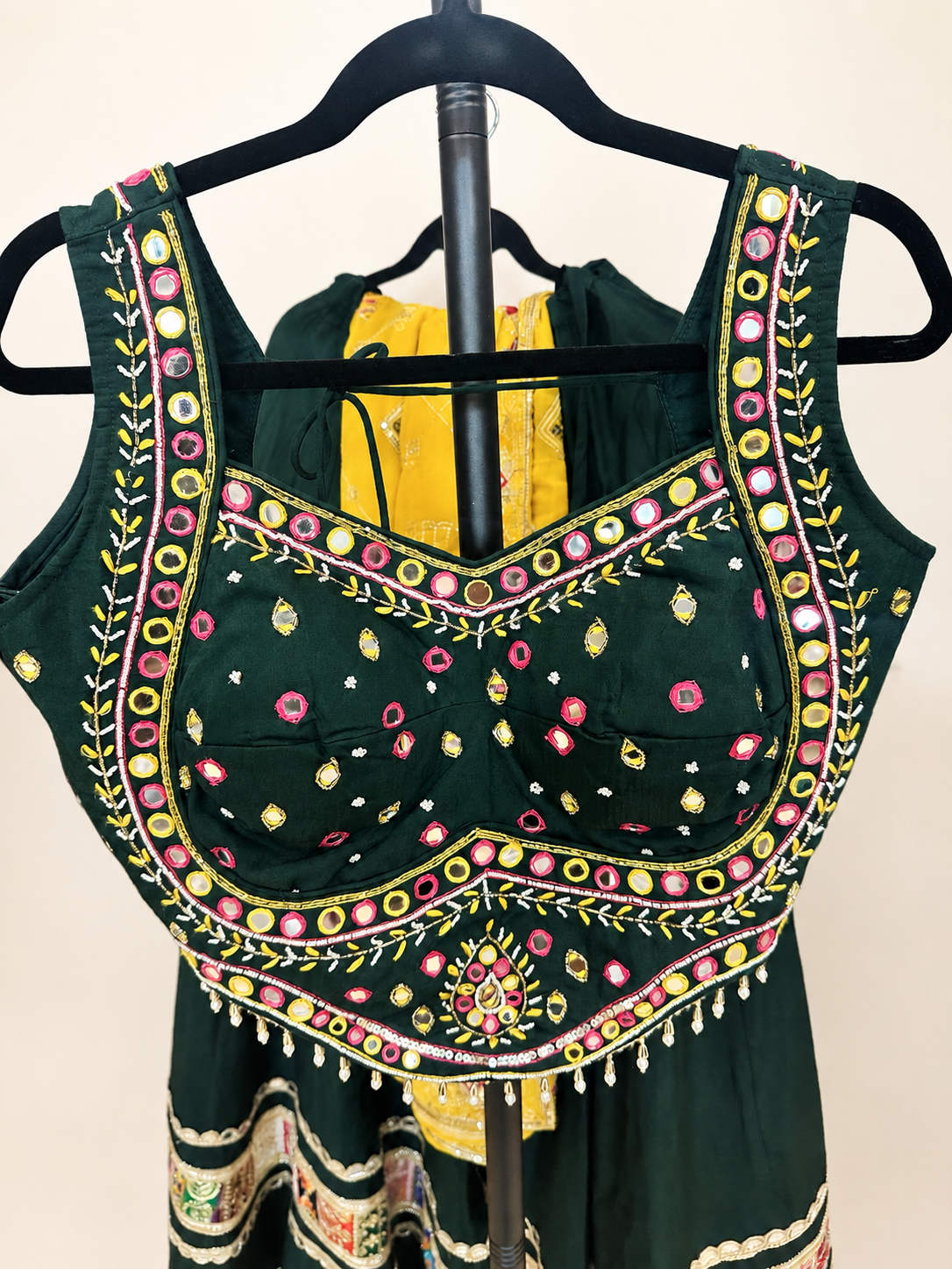 Green Garba Lehenga Set with Yellow Dupatta Traditional Folk