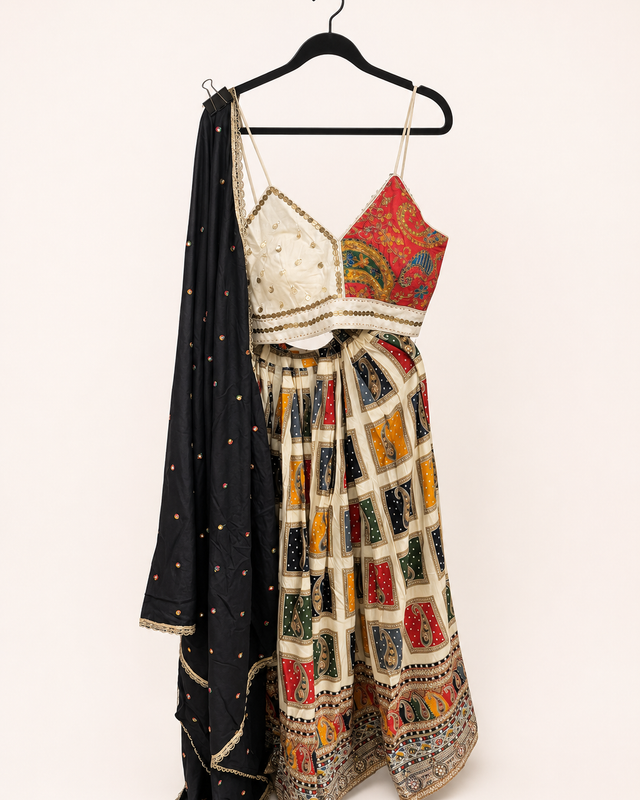 White traditional Folk Heavy Pattern Spaghetti Top with black Dupatta
