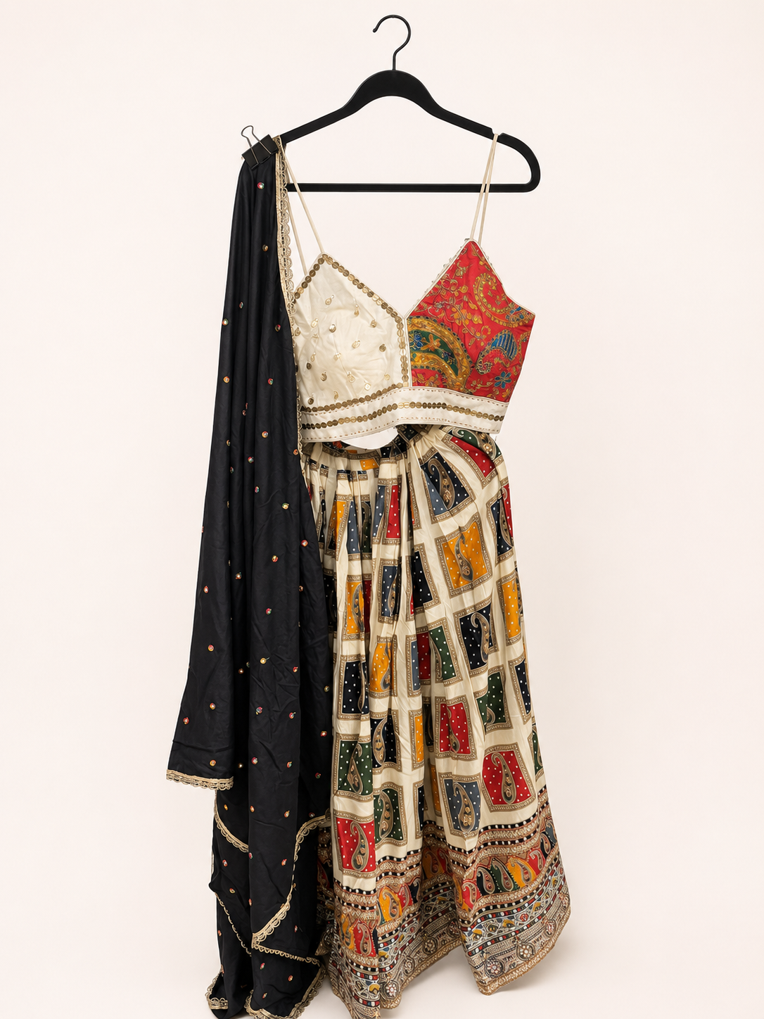 White traditional Folk Heavy Pattern Spaghetti Top with black Dupatta