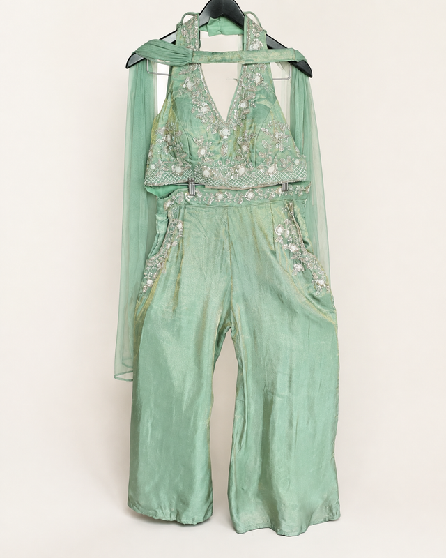 Mint Green Pocket Halter Top Palazzo Set
