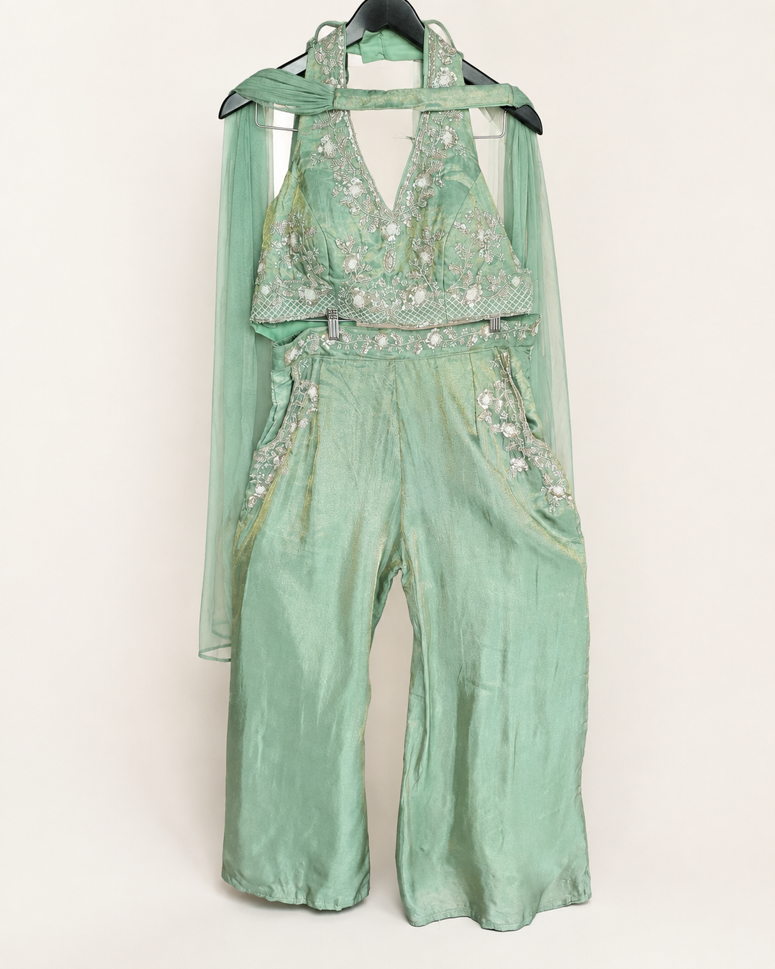 Mint Green Pocket Halter Top Palazzo Set