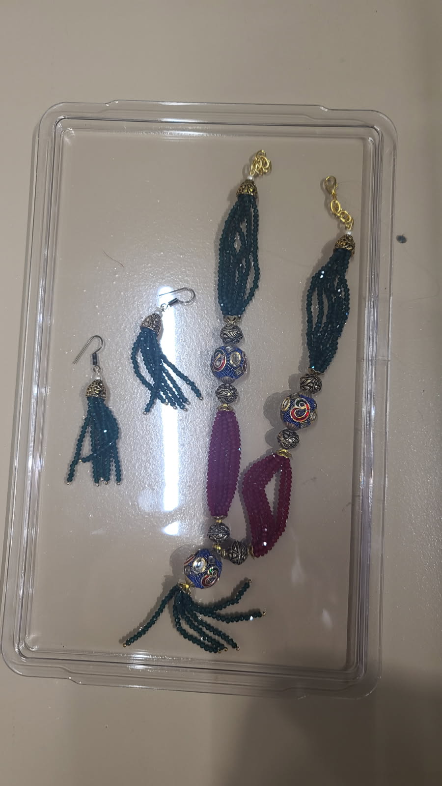 Beaded green and Red Necklace Set with Green Tassel Earrings