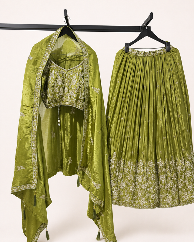 Mehndi Green Olive Green Heavy Silk Lehenga Set
