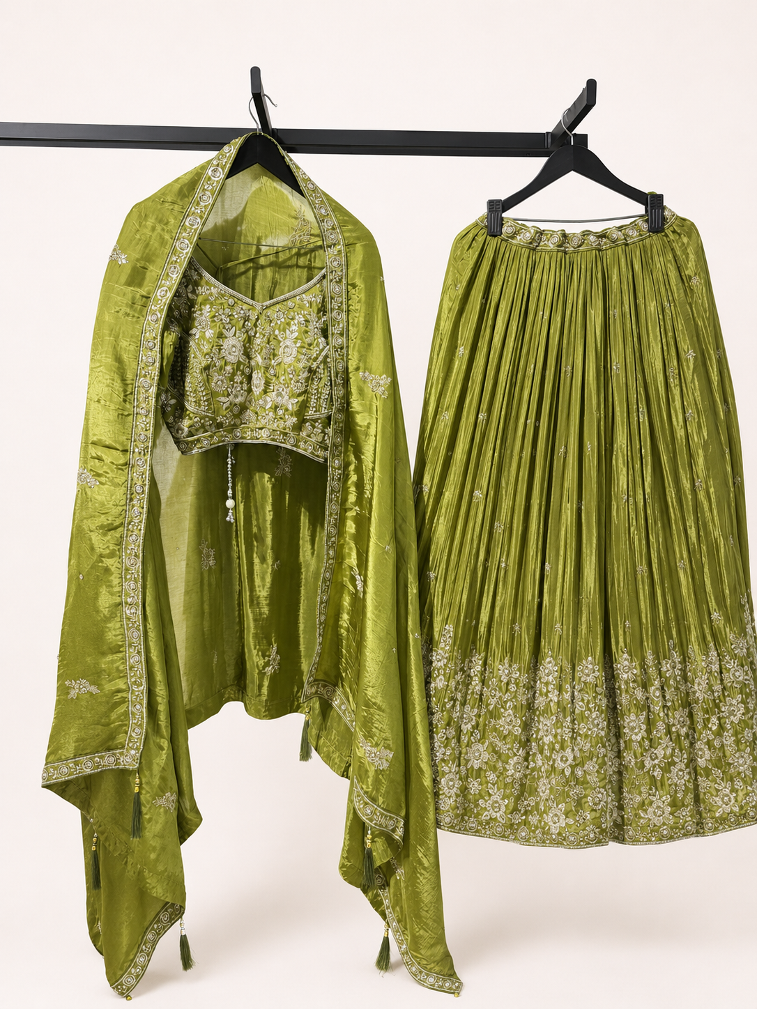 Mehndi Green Olive Green Heavy Silk Lehenga Set
