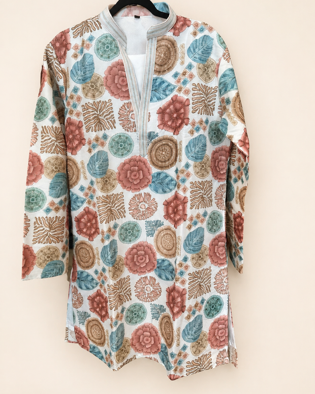 Mens White Kurta with Floral Heavy Design