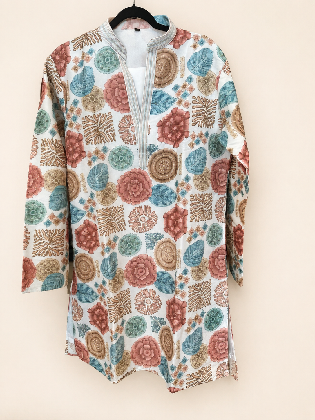 Mens White Kurta with Floral Heavy Design