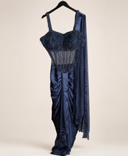 Navy Blue Corset See Through Top Pre-Stiched  Saree and with dangle beads. Dupatta attached to top