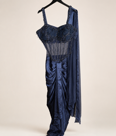 Navy Blue Corset See Through Top Pre-Stiched  Saree and with dangle beads. Dupatta attached to top