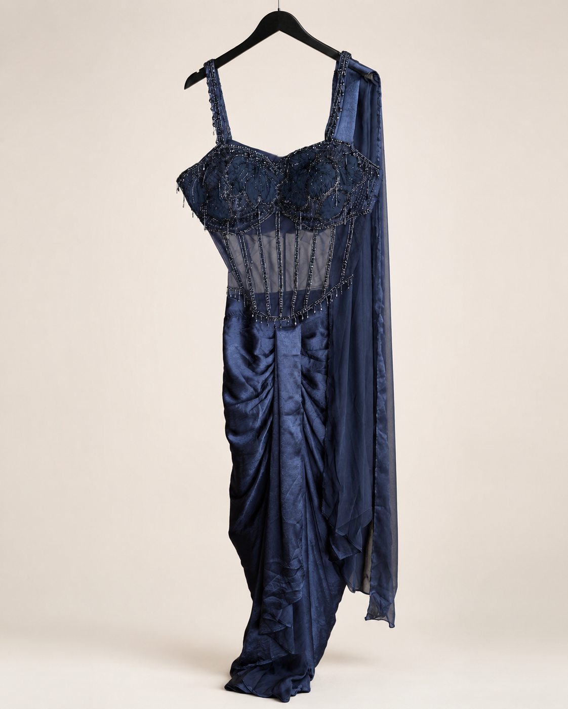 Navy Blue Corset See Through Top Pre-Stiched  Saree and with dangle beads. Dupatta attached to top
