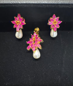 Pink ruby and pearl in gold antique finish earring and pendant set