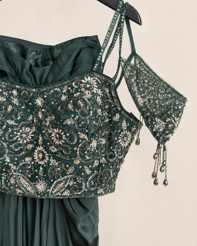 Green Asymmetrical Crop Cape drape
