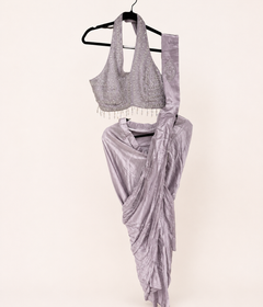 Lavender Deluxe Pre-Stiched Saree with Hanging Beads and Halter Top