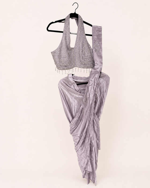 Lavender Deluxe Pre-Stiched Saree with Hanging Beads and Halter Top