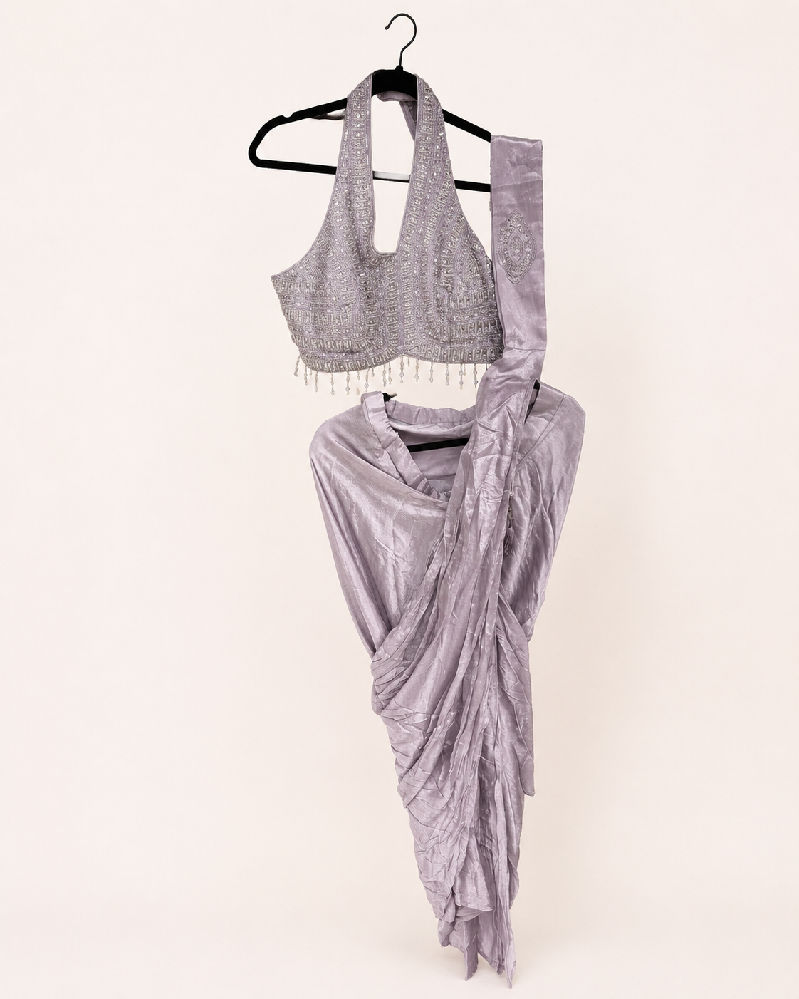 Lavender Deluxe Pre-Stiched Saree with Hanging Beads and Halter Top