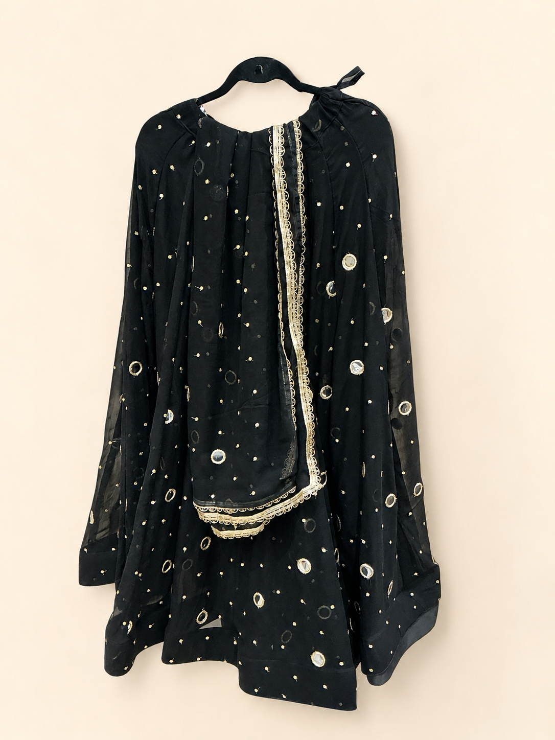 Black Mirror Dupatta Garba Set Long Sleeve Blouse Back Criss Cross