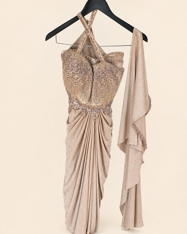 Rose Gold gorgeous Indo Western Riniya Sparkly Set with Cape as Dupatta