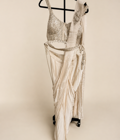 Off White Sequence Hanging Beads Pre-Stiched  Saree soft material with choker dupatta
