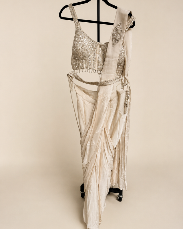 Off White Sequence Hanging Beads Pre-Stiched  Saree soft material with choker dupatta
