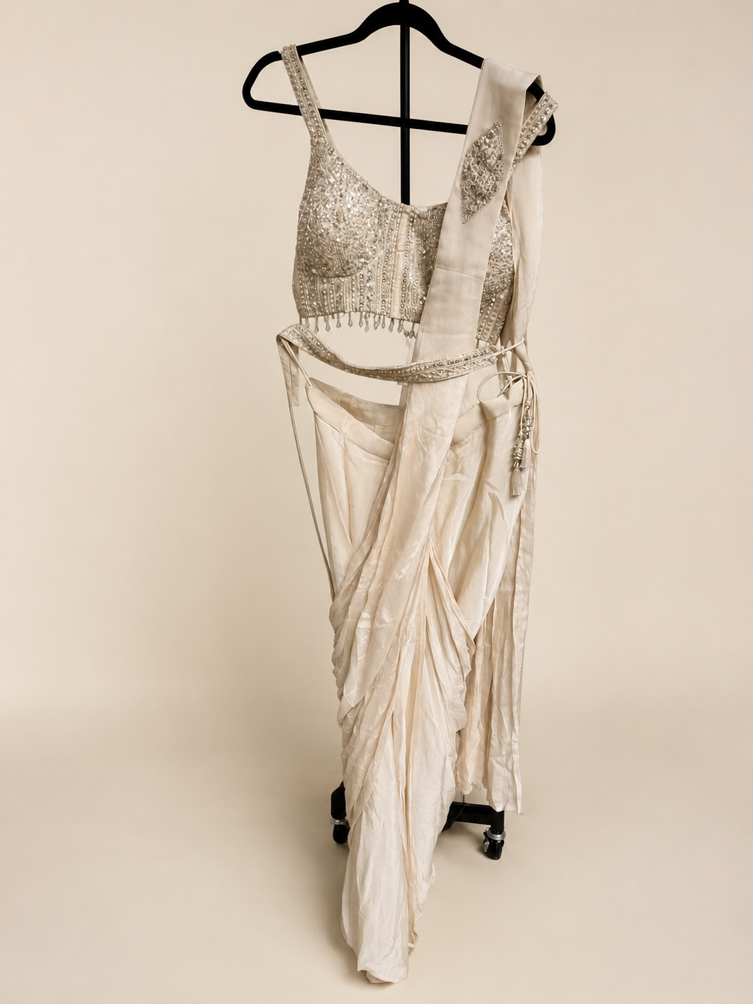 Off White Sequence Hanging Beads Pre-Stiched  Saree soft material with choker dupatta