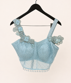 Blue Satin Pre-Stiched Saree with Net Top and Simple floral Design