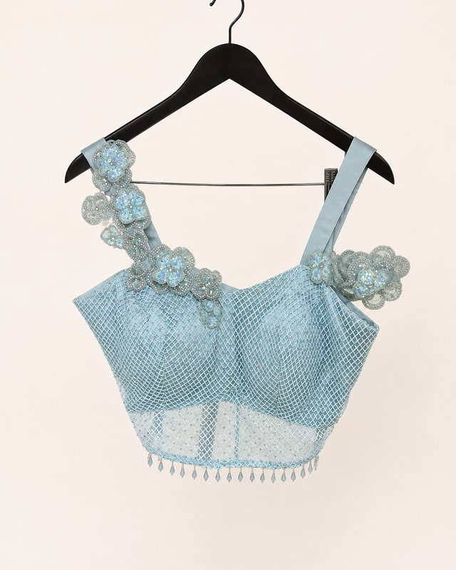 Blue Satin Pre-Stiched Saree with Net Top and Simple floral Design