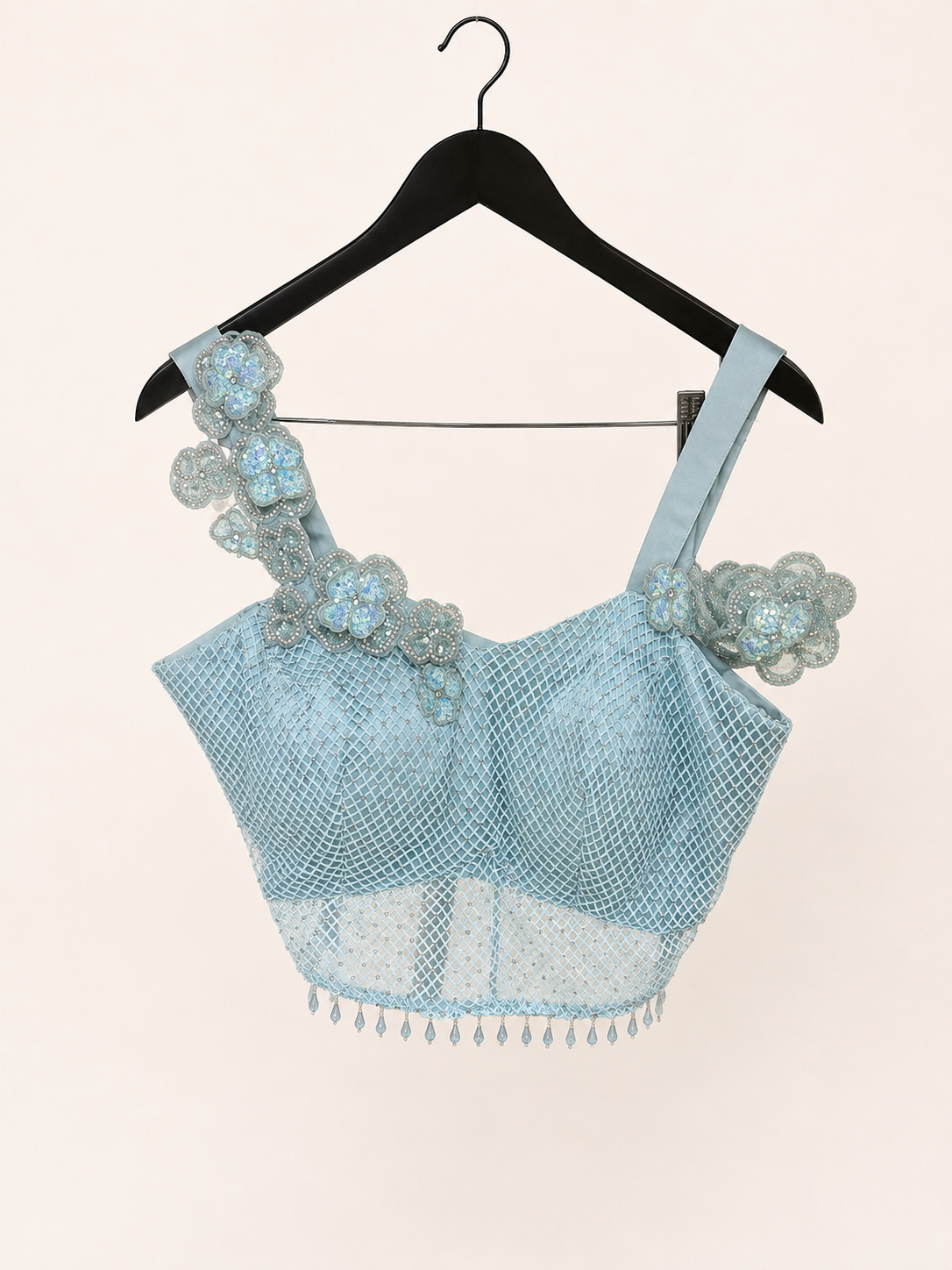 Blue Satin Pre-Stiched Saree with Net Top and Simple floral Design