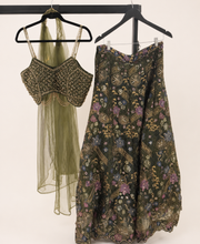 Dark Green Heavy Floral Lehenga Set with Beaded Top and Choker Dupatta Net