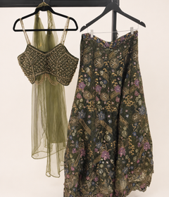 Dark Green Heavy Floral Lehenga Set with Beaded Top and Choker Dupatta Net