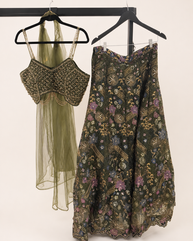 Dark Green Heavy Floral Lehenga Set with Beaded Top and Choker Dupatta Net