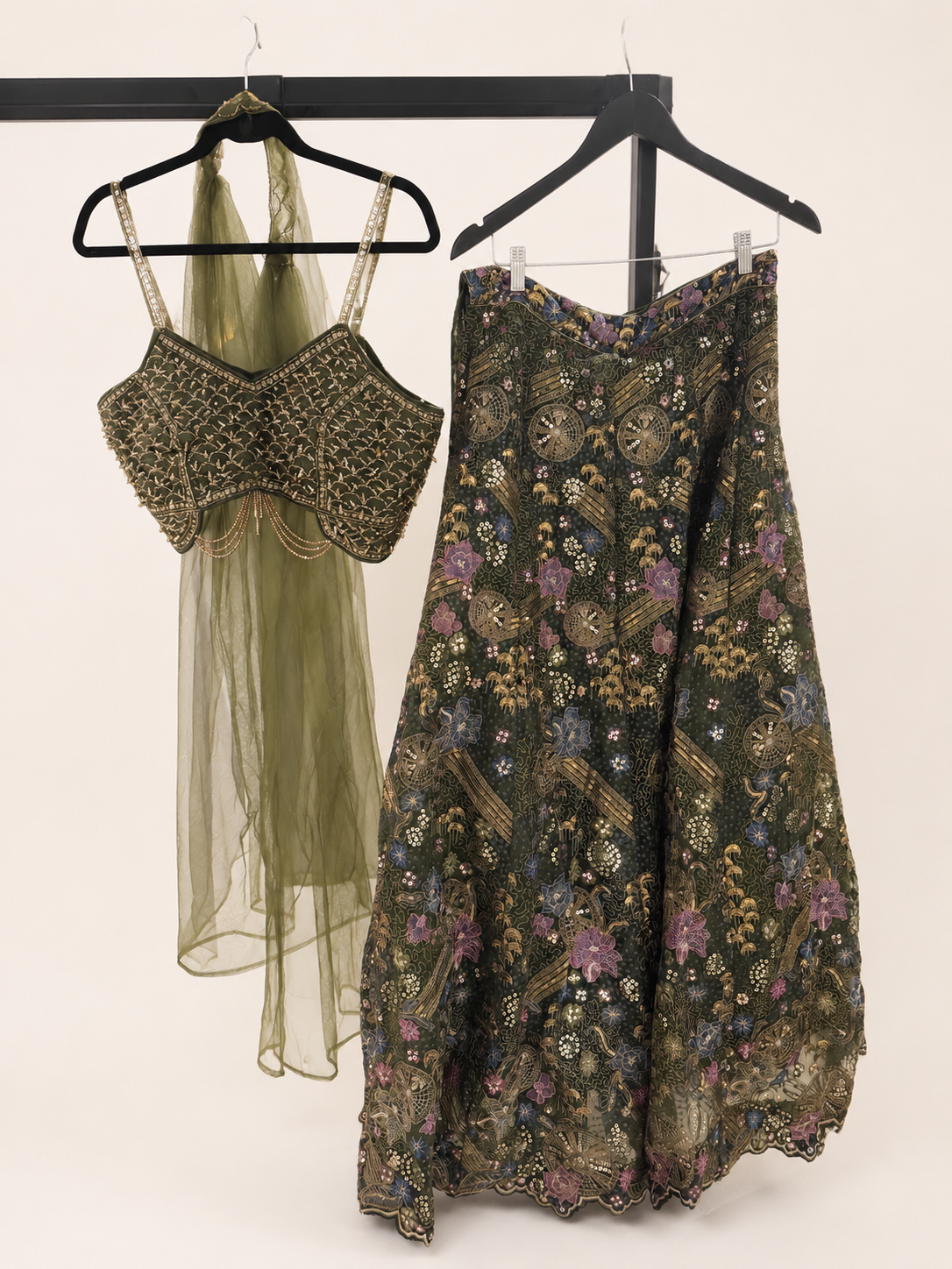 Dark Green Heavy Floral Lehenga Set with Beaded Top and Choker Dupatta Net