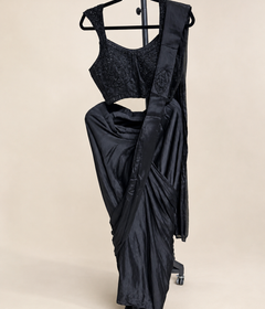 All Black Stunner Pre-Stiched  Saree soft material with choker dupatta